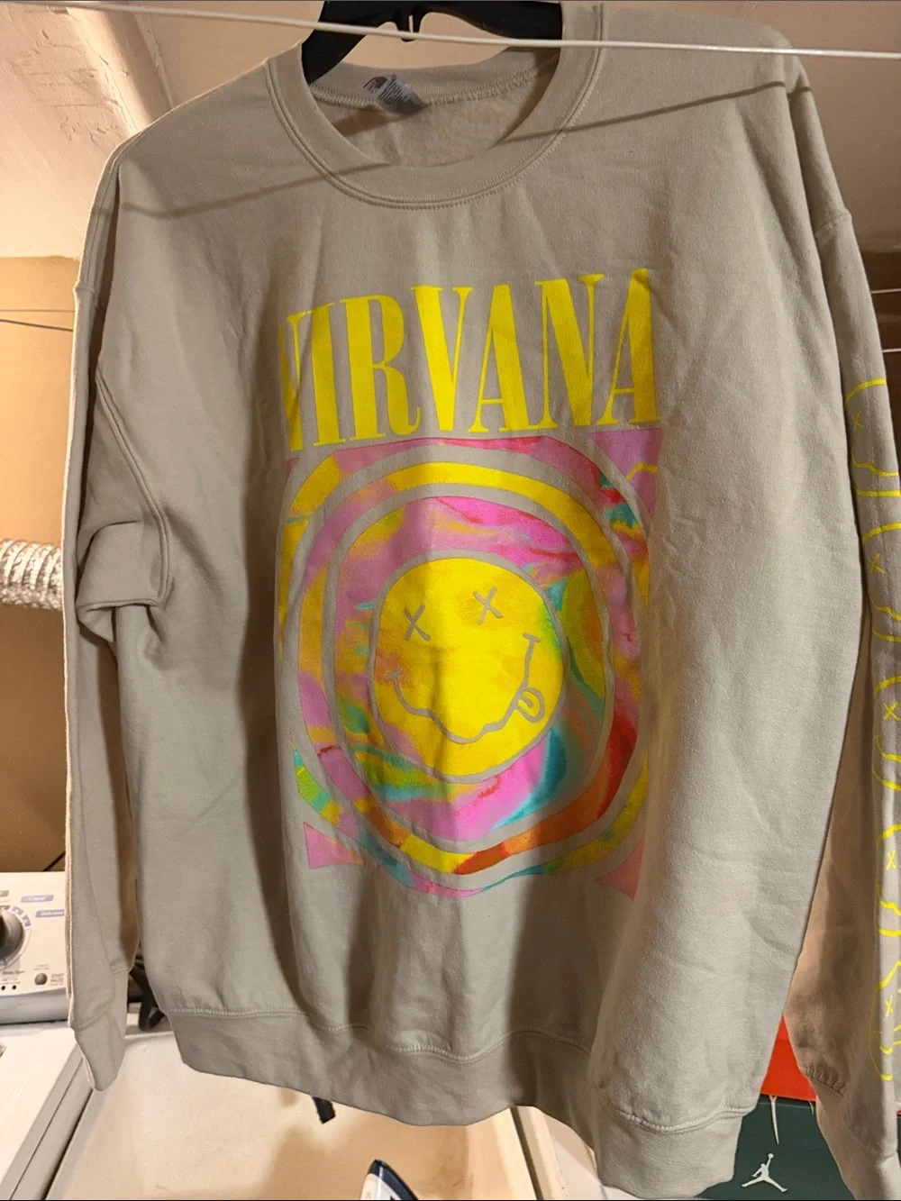 NIRVANA Beige Crewneck with Yellow Logo and Multicolor Tie-Dye Smiley